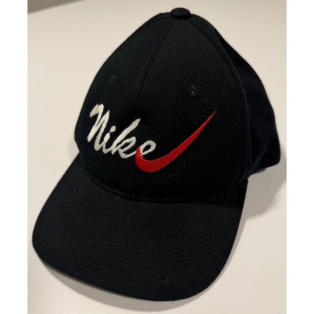 Vintage Nike Script Logo Snapback Hat Black Wool Blend Cap USA 90s Sportswear